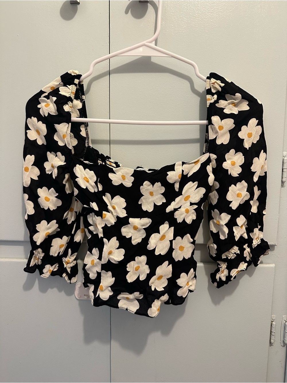 Reformation Black Floral Puff-Sleeve Square Neck Top